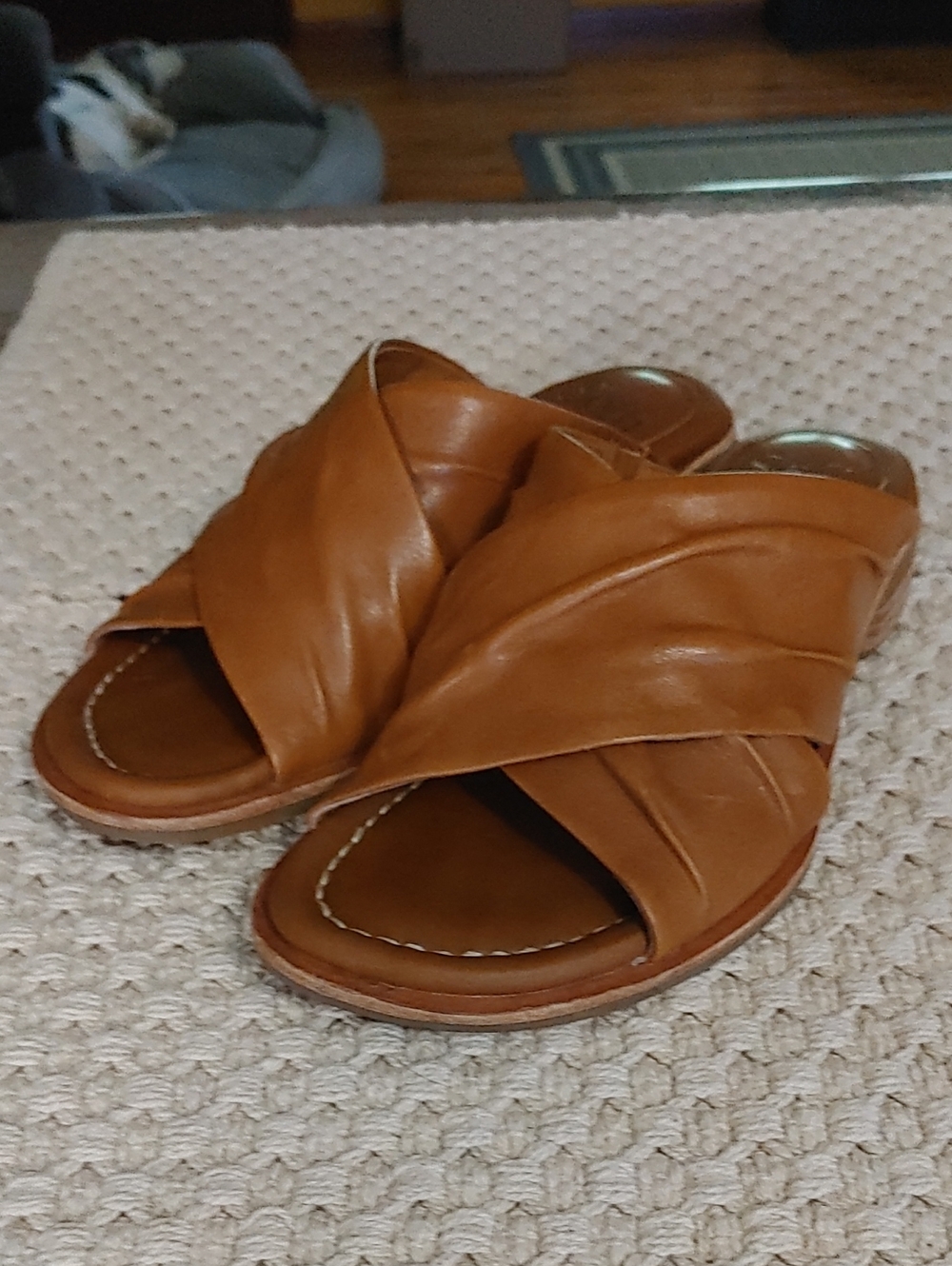 Sofft Cognac Leather Crisscross Slide Sandals